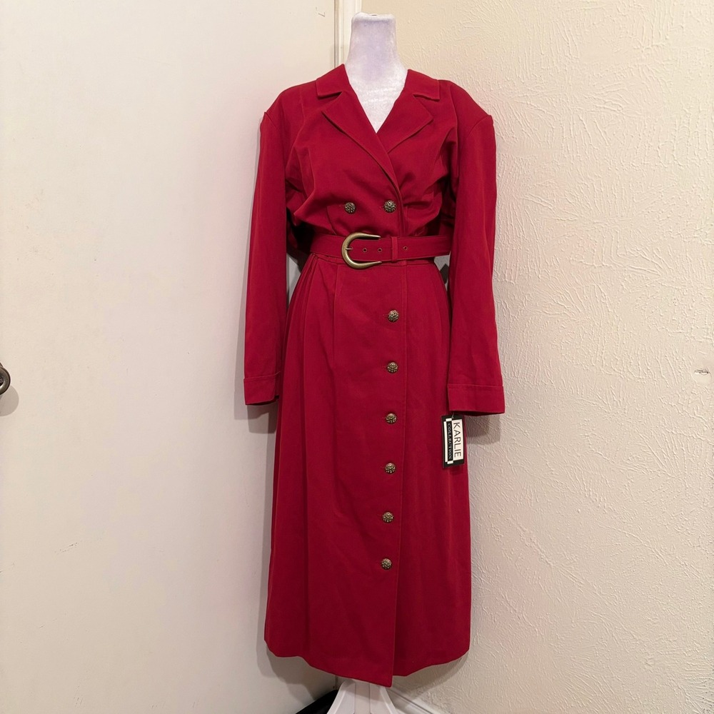 NWT 80s Vintage Red Double Breasted Asymmetrical Belted Midi Shirt Dress 14